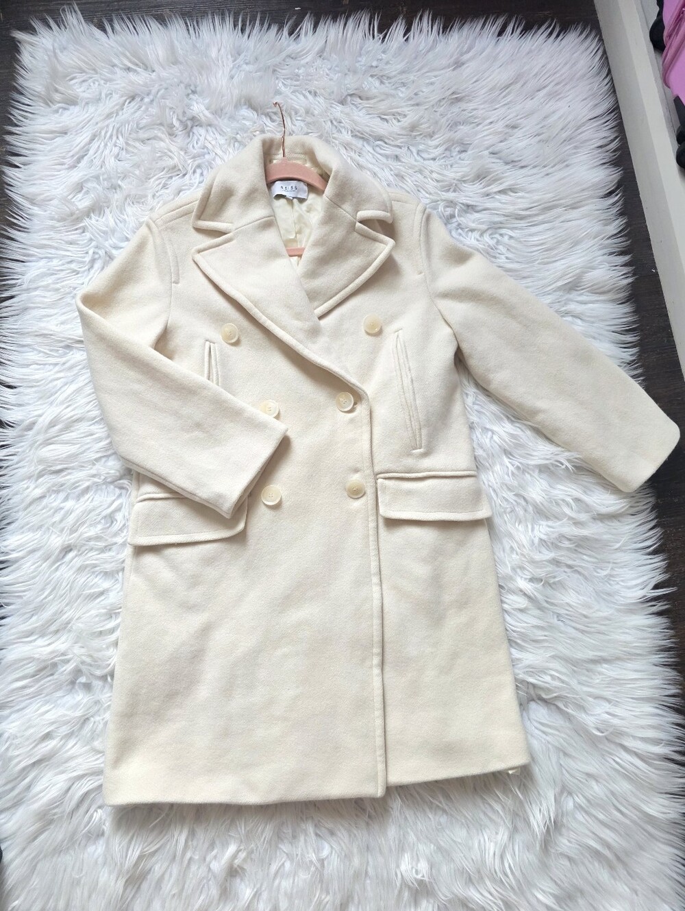 Reiss Cream Double-Breasted Wool / CashmerePea Coat - Picture 10 of 16